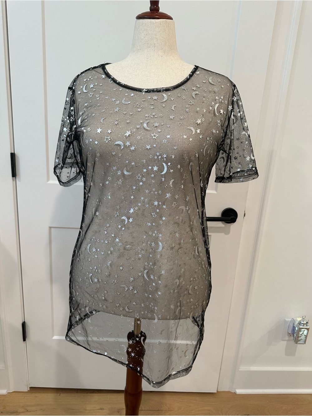 LIZAELI Celestial Moon Star Sheer Mesh Top Black Silver Goth Festival L